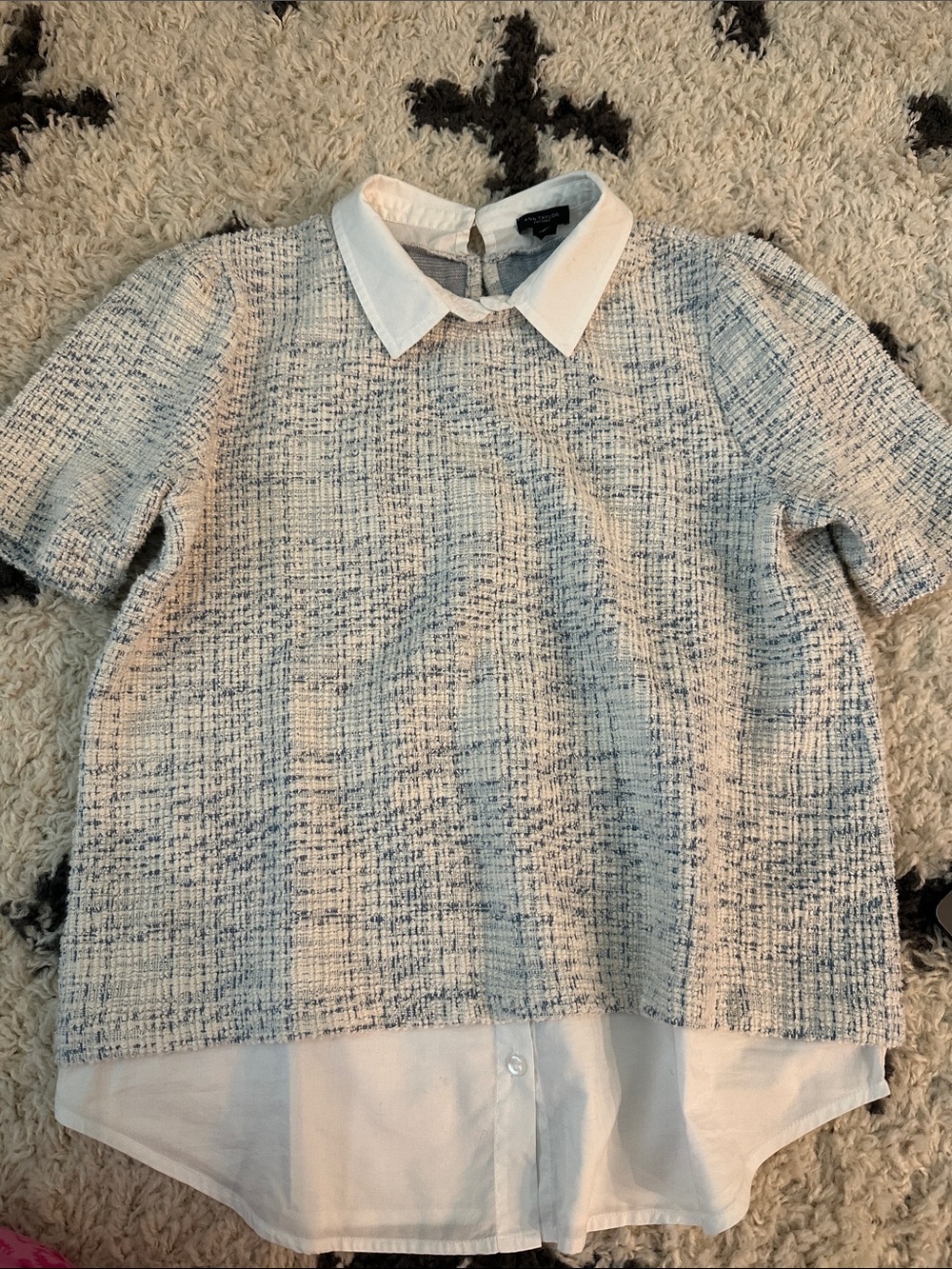 Ann Taylor Factory Blue and White Tweed-Look Layered Blouse